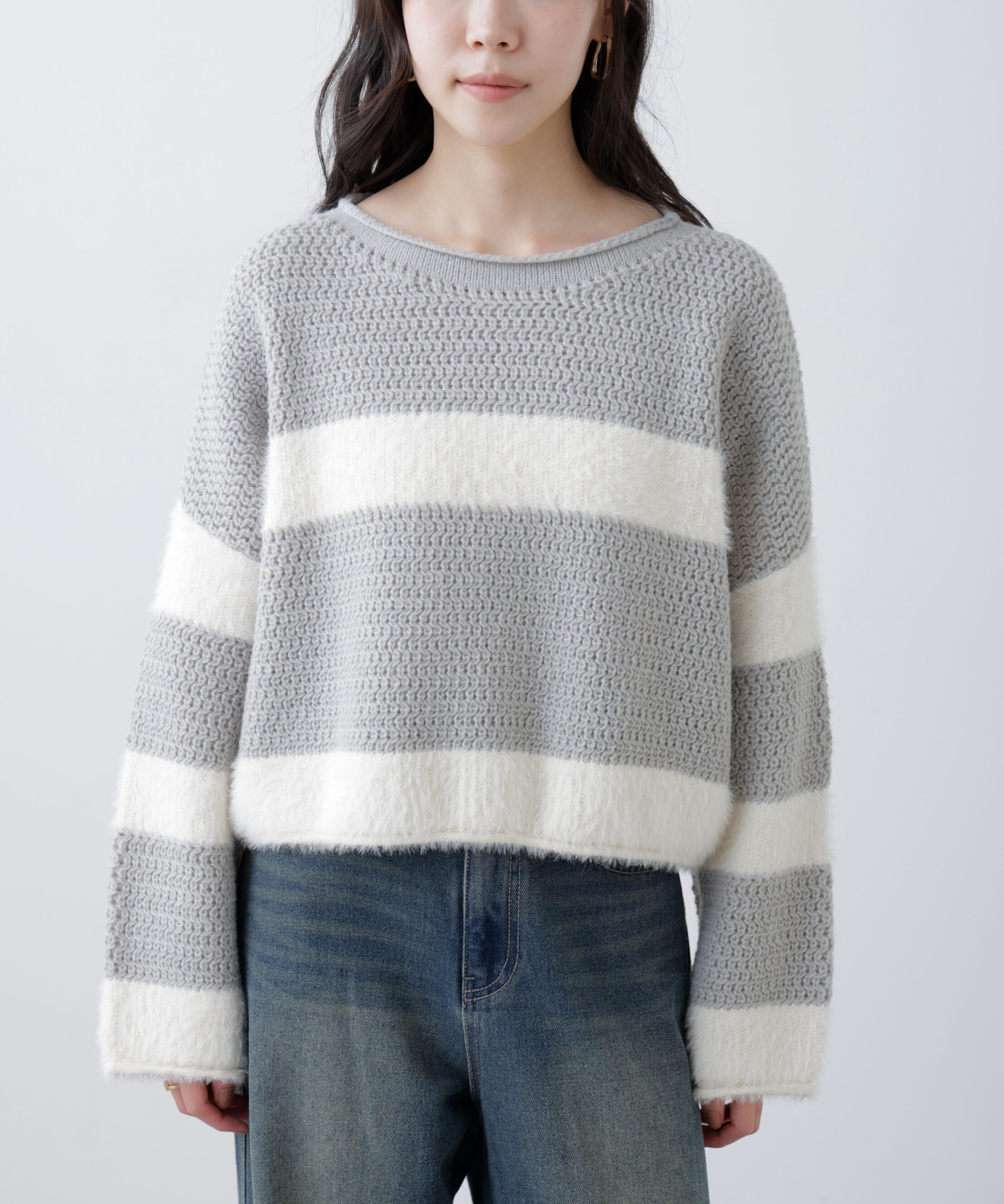  「編み地ミックスショート丈ボーダーニット」|ニット・セーター|