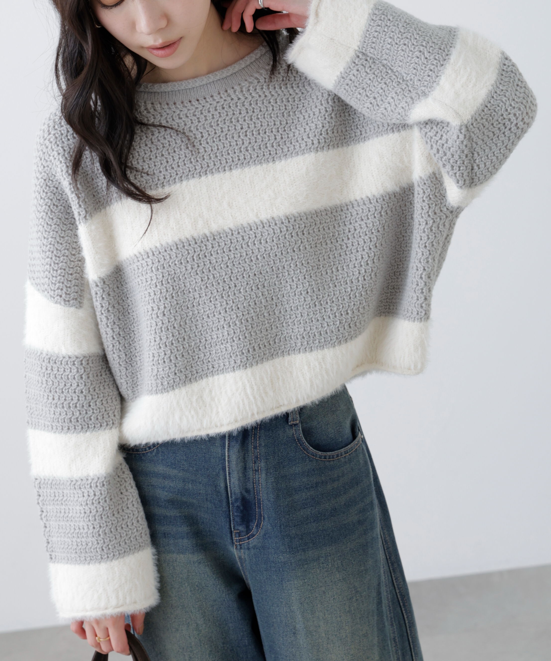  「編み地ミックスショート丈ボーダーニット」|ニット・セーター|