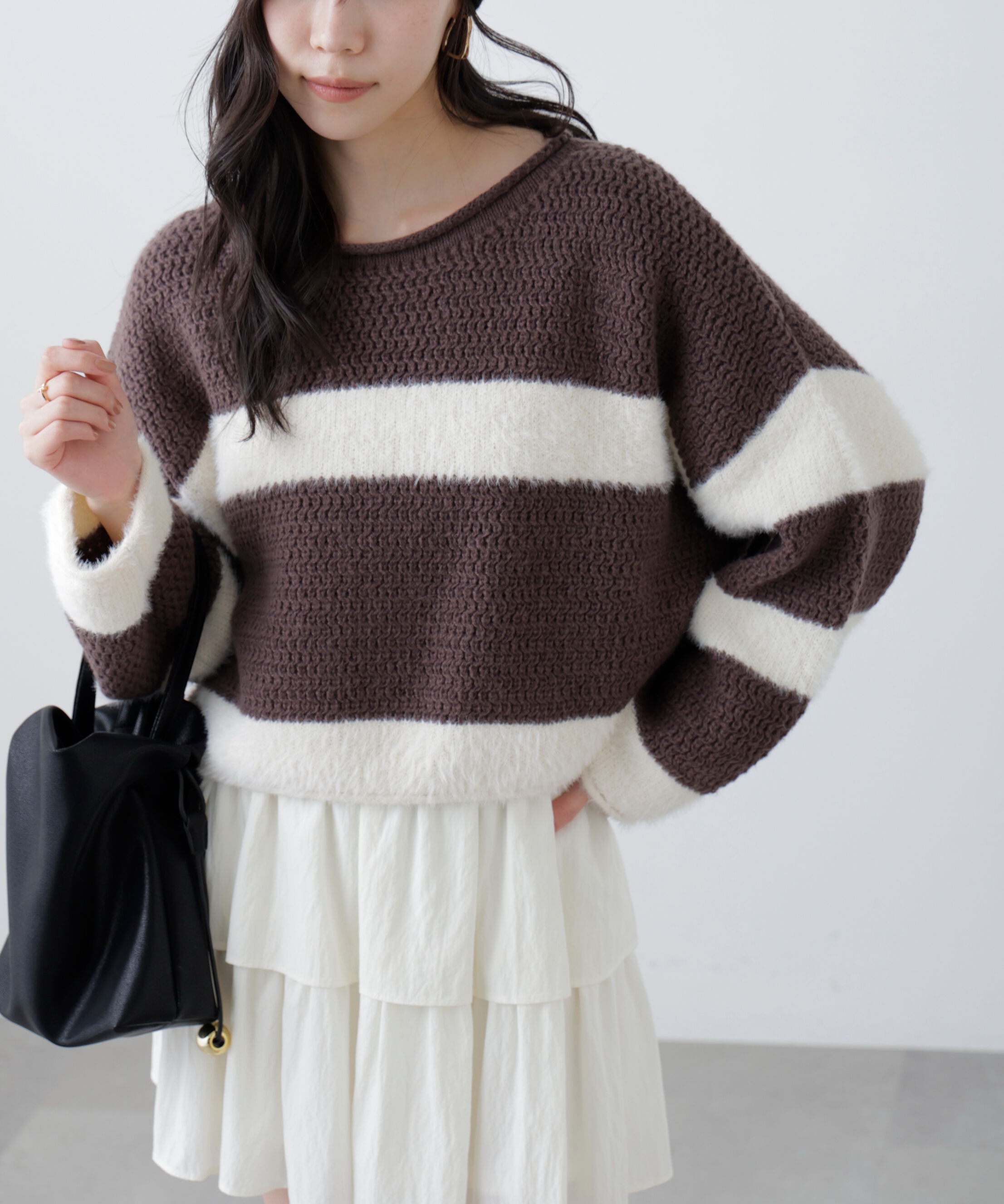  「編み地ミックスショート丈ボーダーニット」|ニット・セーター|ブラウン