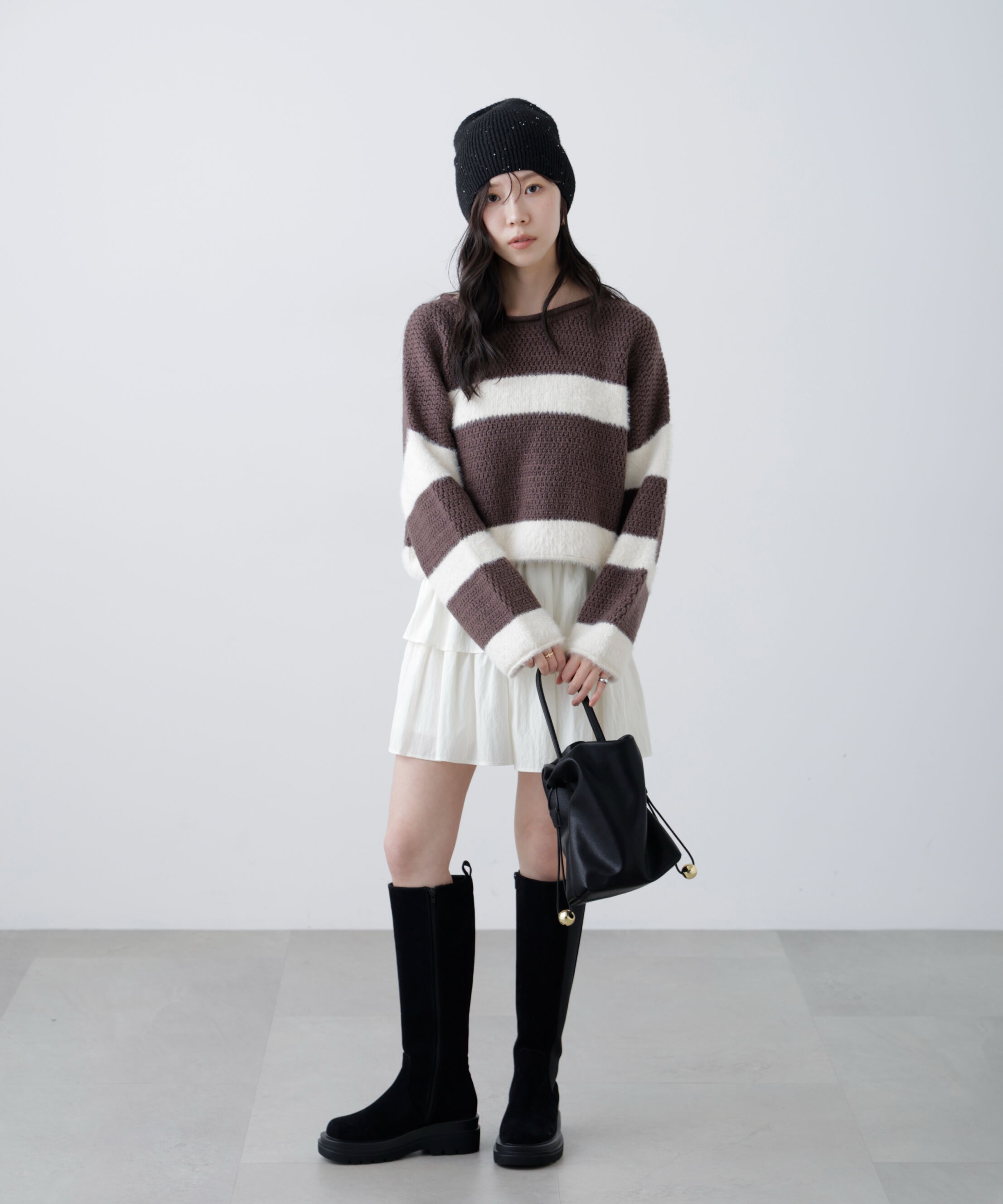  「編み地ミックスショート丈ボーダーニット」|ニット・セーター|