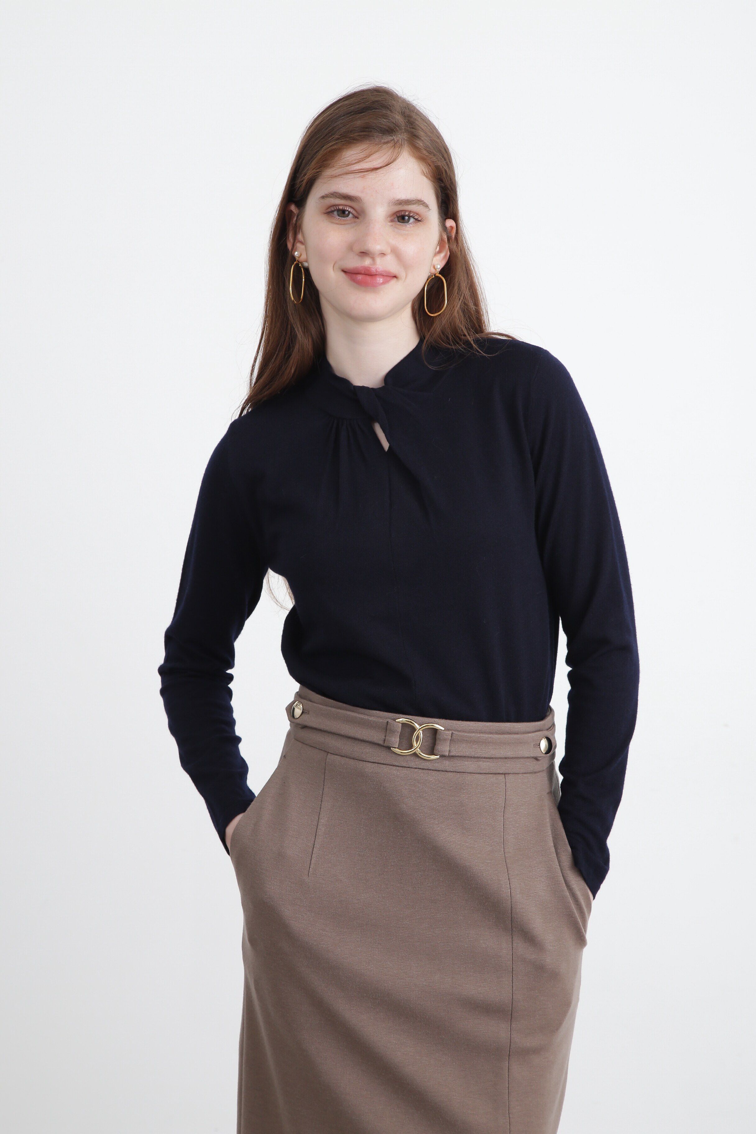  「◆タックネックニットプルオーバー」|ニット・セーター|ネイビー