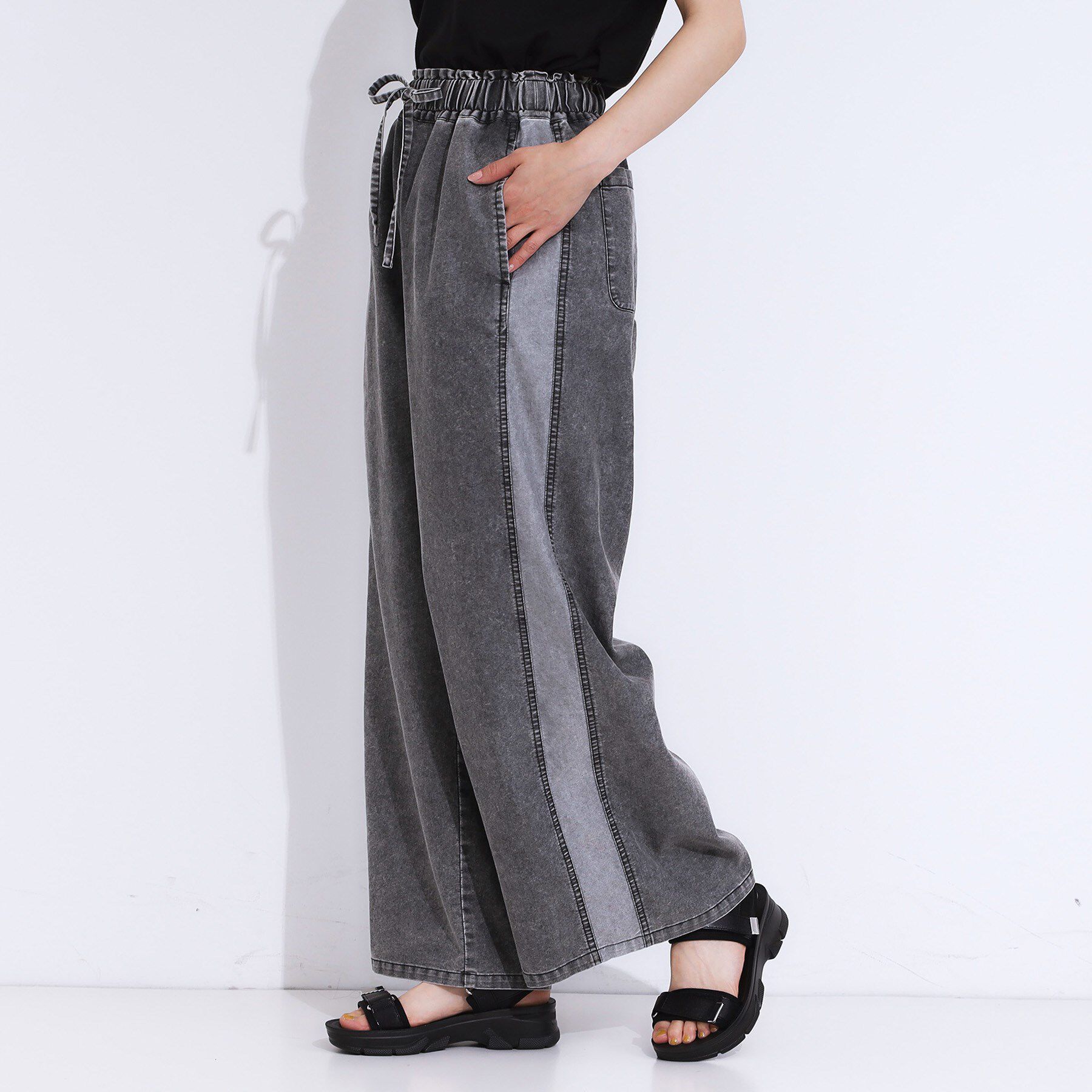 SHOO･LA･RUE「【S-LL】サイドラインがアクセント イージーデニムパンツ」|デニム|