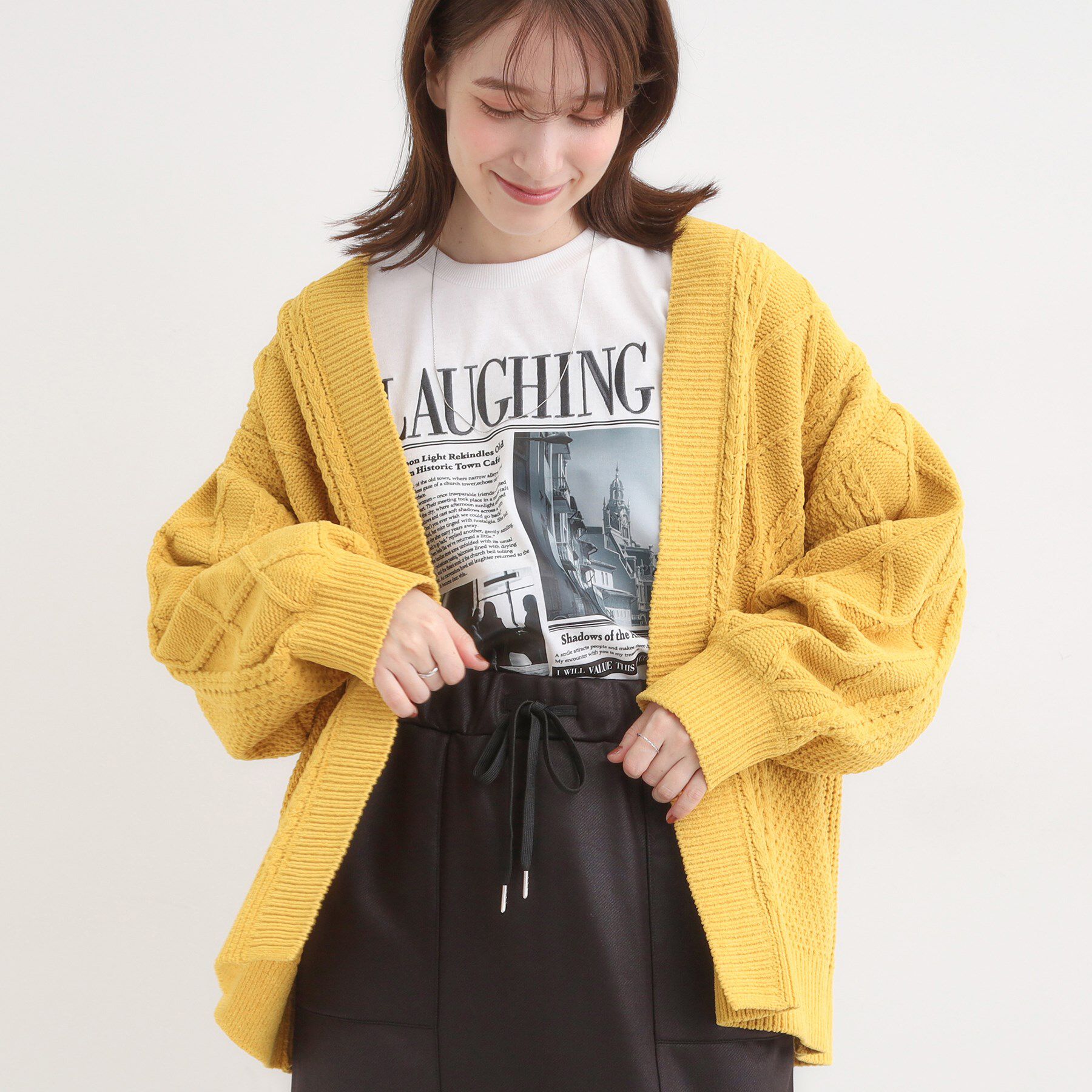 SHOO･LA･RUE「【洗濯機可/S-LL】大人の抜け感 ざっくり編み モールケーブルカーディガン【CIRCRIC】」|カーディガン|イエロー(031)