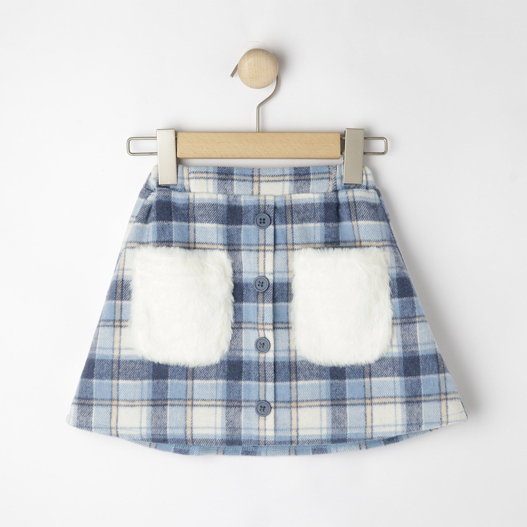 SHOO･LA･RUE「【100-150cm】フェイクファーポケットチェック台形スカート」|スカート|