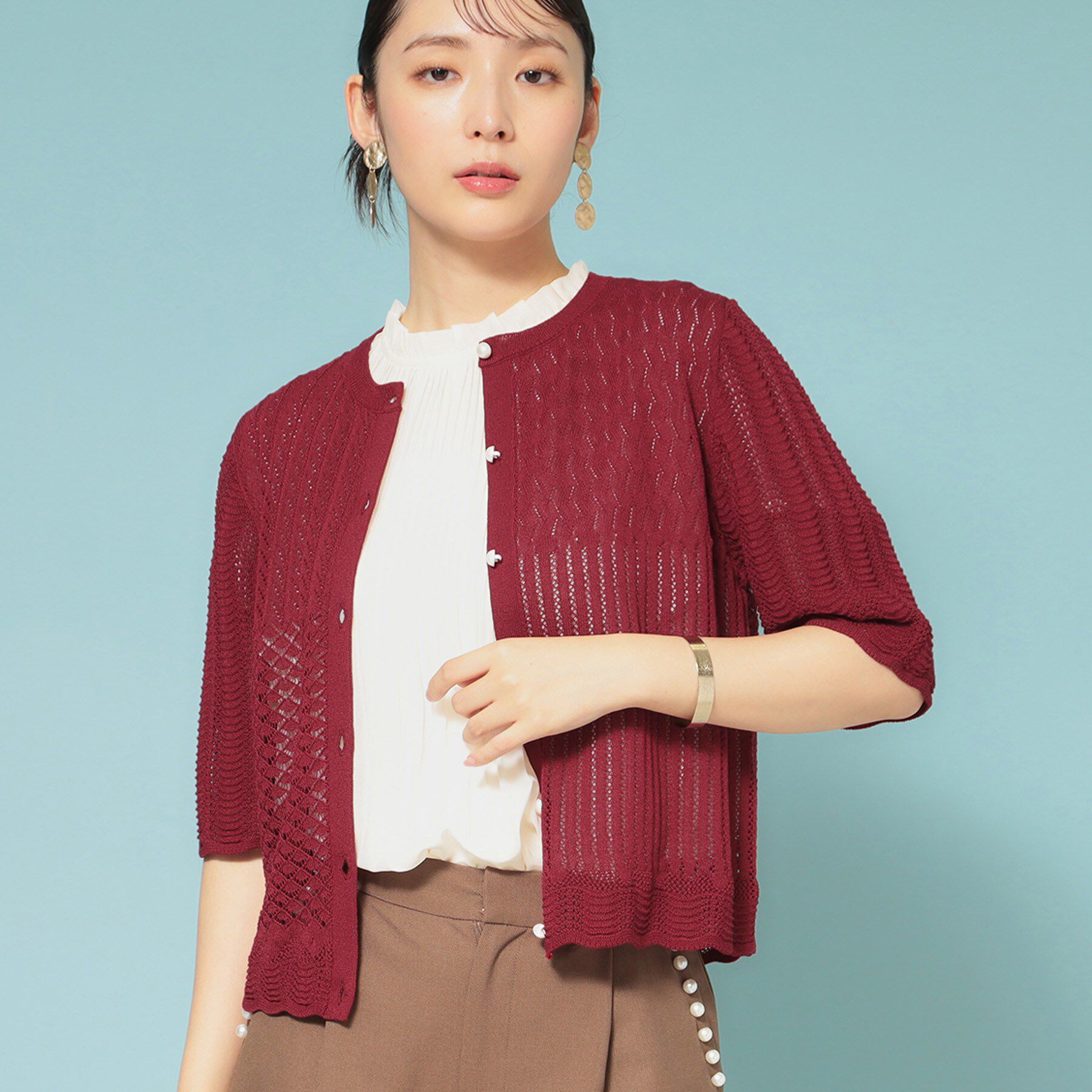 SunaUna「【透かし柄】スカラップカーディガン」|カーディガン|ボルドー(064)