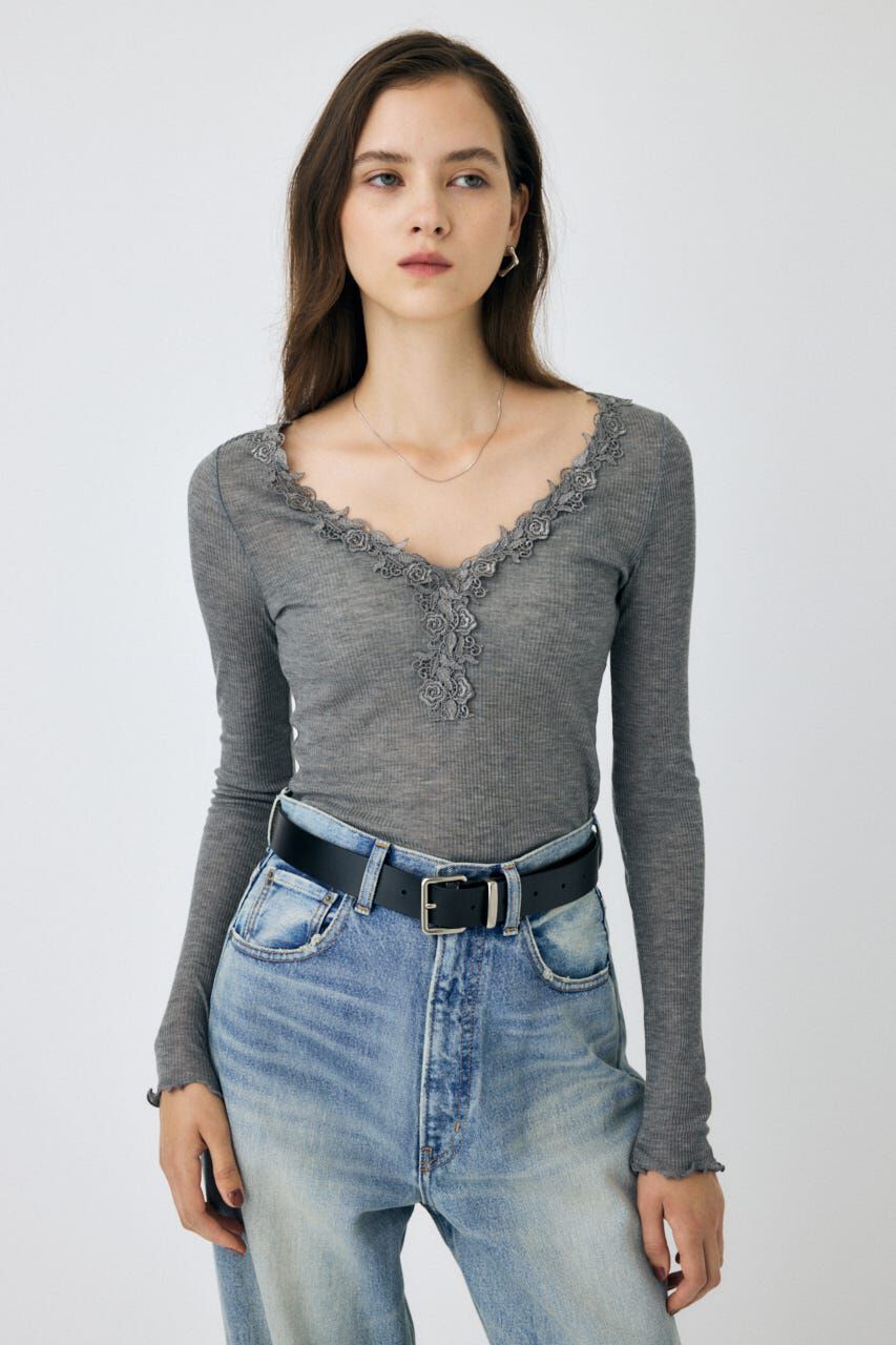 MOUSSY「LACE TRIM ロングスリーブ TEE」|Tシャツ・カットソー|