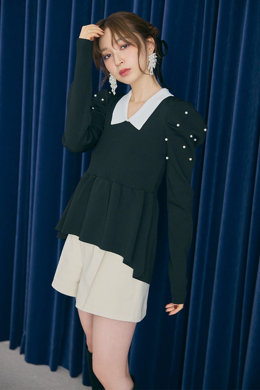 rienda「パール付きペプラムニットトップス」|ニット・セーター|BLK