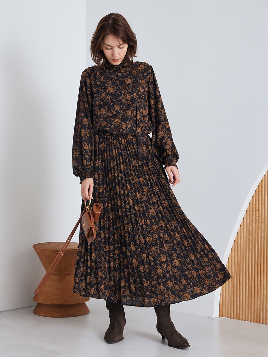 Mila Owen「フラワープリントプリーツスカート」|スカート|BLK