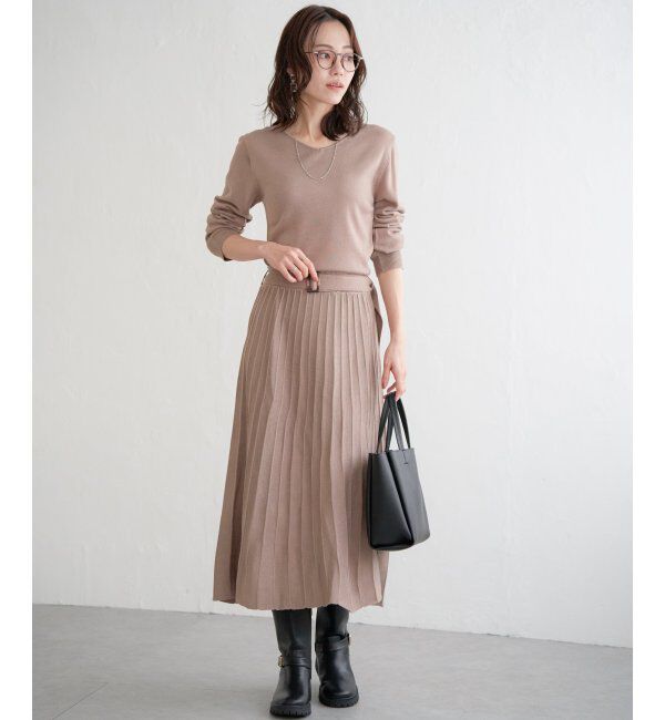 IKKA LOUNGE「フィット＆フレアニットプリーツワンピース」|その他|ブラウン