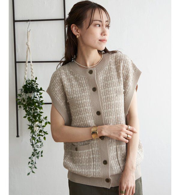 ikka「ツイードライクVネックベスト」|ニット・セーター|ベージュ