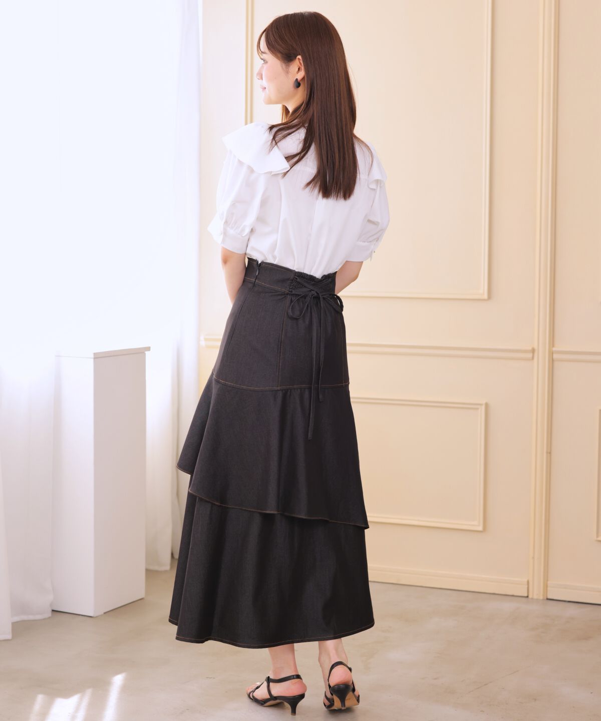 アンドクチュール「デニムライクレイヤードフリルスカート」|フレア|