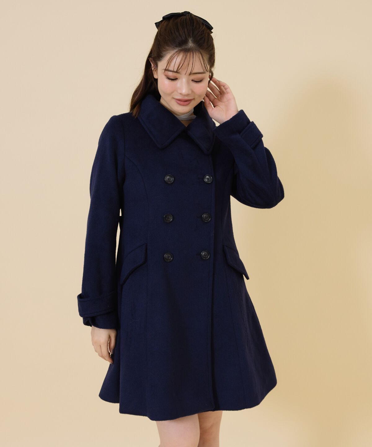 REDYAZEL「ウールライクダブルミドルコート」|ステンカラーコート|ネイビー