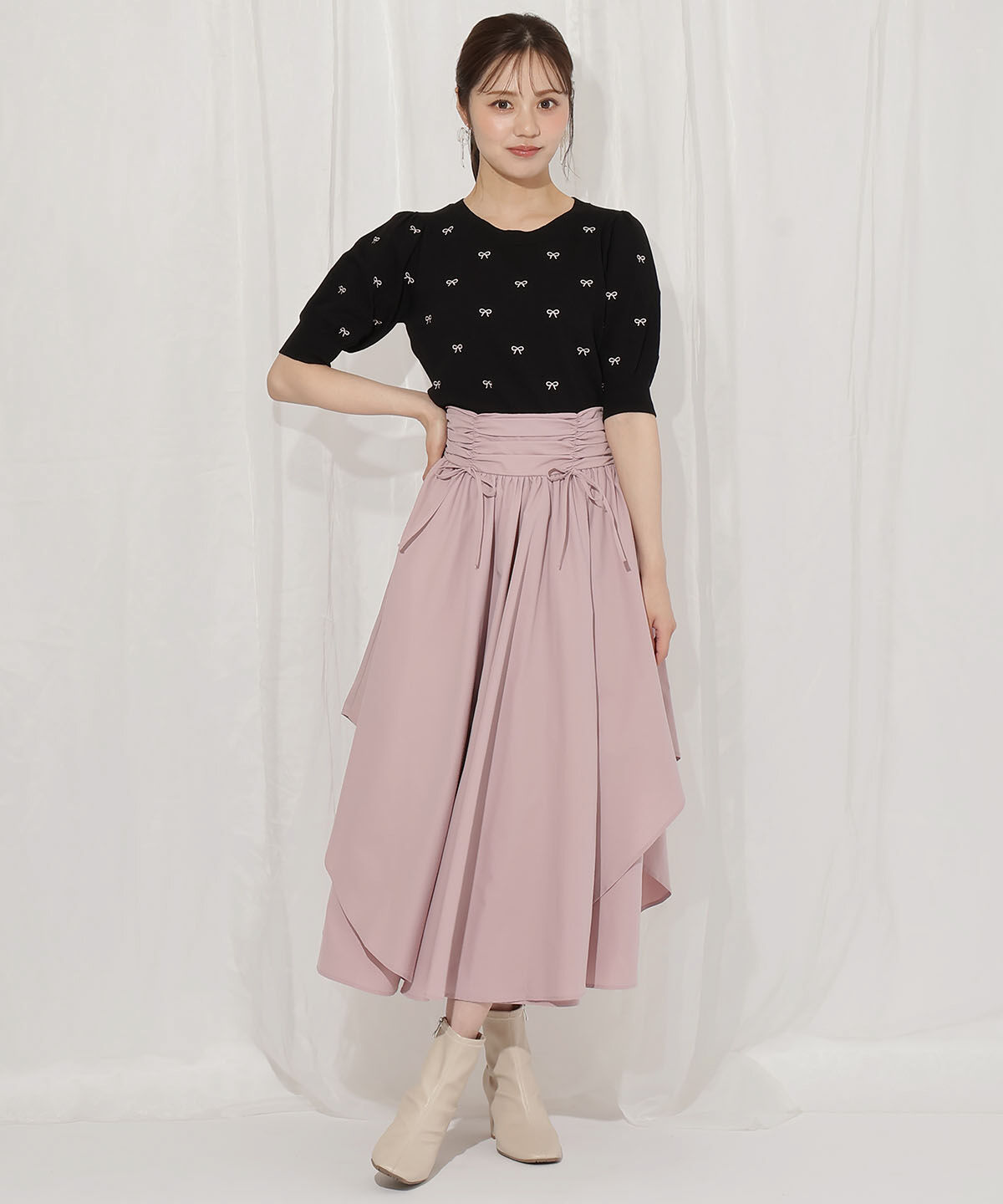 WILLSELECTION「ドロスト風リボンスカート」|フレア|ピンク