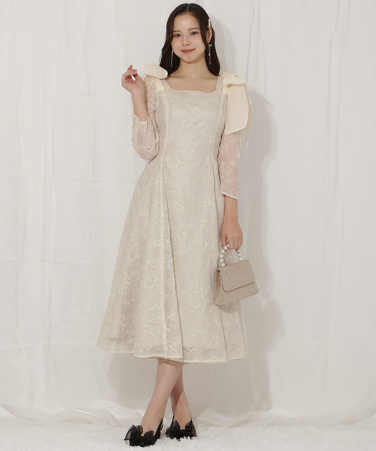 WILLSELECTION「フラワー刺繍肩リボンドレス」|ドレス|