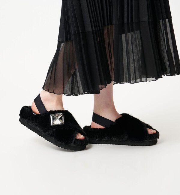 UNITED ARROWS「フェイクファークロス ビジュー サンダル」|サンダル|BLACK