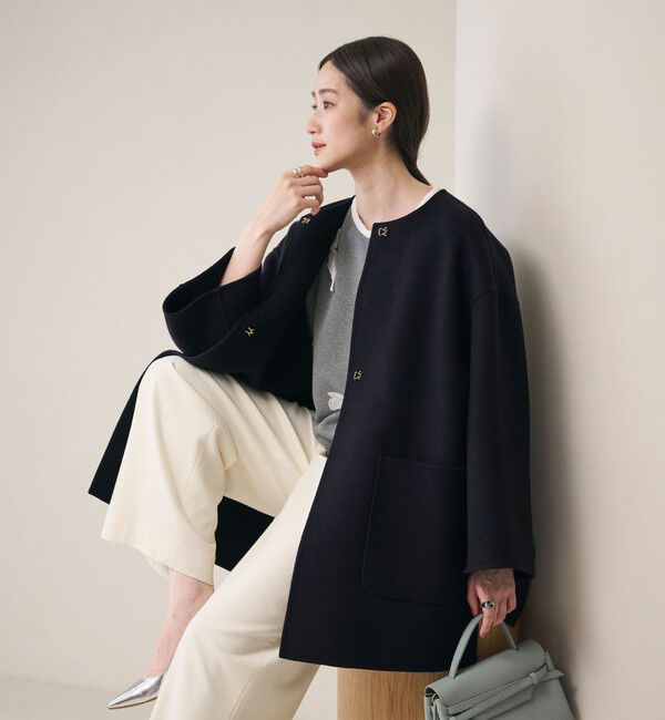 UNITED ARROWS「バイカラー リバー ミドルコート」|ノーカラーコート|