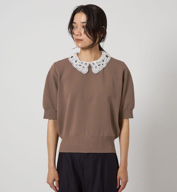 UNITED ARROWS green label relaxing「襟レース 2WAY 5分袖 プルオーバー ニット  -ウォッシャブル-」|ニット・セーター|