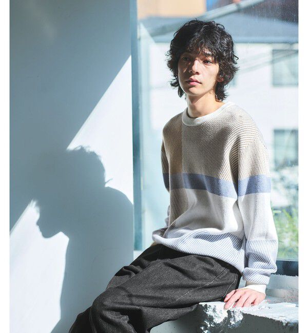 UNITED ARROWS green label relaxing「カラー ブロック ジャカード クルーネック ニット」|ニット・セーター|BEIGE
