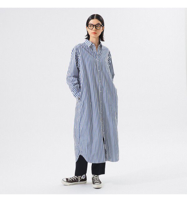 BEAMSBOY「ストライプ BD ワンピース ロングスリーブ」|ワンピース|NAVY