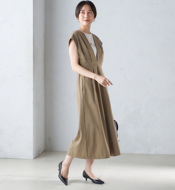 SHIPS for women「〈手洗い可能〉梳毛調 深V ノースリーブ ワンピース」|ワンピース|