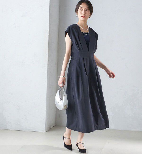 SHIPS for women「〈手洗い可能〉梳毛調 深V ノースリーブ ワンピース」|ワンピース|ネイビー