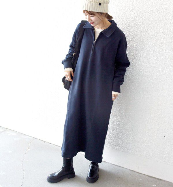SHIPS any「SHIPS any:〈洗濯機可能〉USA コットン 裏起毛 ハーフジップ ワンピース」|ワンピース|ネイビー