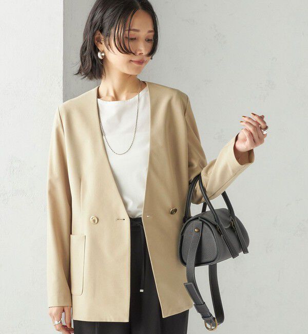 SHIPS for women「〈吸水速乾 / 防シワ加工 / 洗濯機可能〉スーティング ジャージー カラーレス ジャケット」|ノーカラージャケット|ベージュ