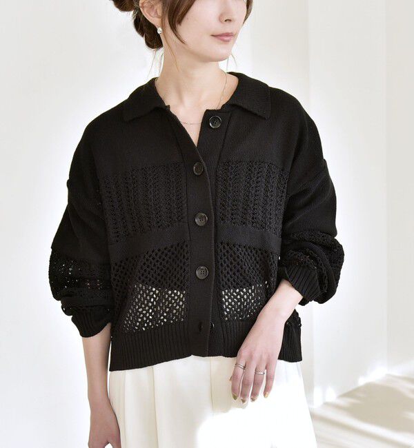 quaranciel「quaranciel:〈手洗い可能〉透かし編み 襟付き ニット カーディガン」|カーディガン|