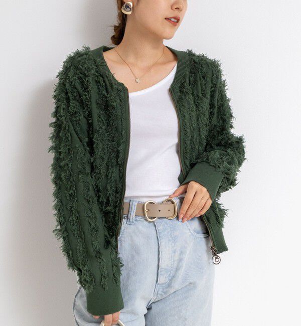Rie Miller「《手洗い可能》カットジャガードジップアップカーディガン」|カーディガン|ダークグリーン
