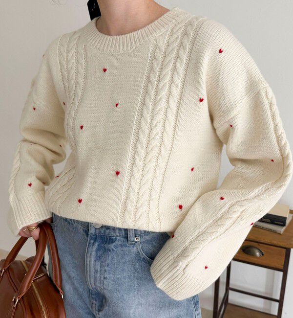 fredy emue「ハート刺繍柄編みニットプルオーバー」|ニット・セーター|