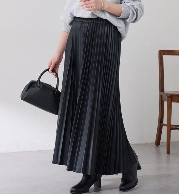  「フェイクレザープリーツスカート」|スカート|ブラック