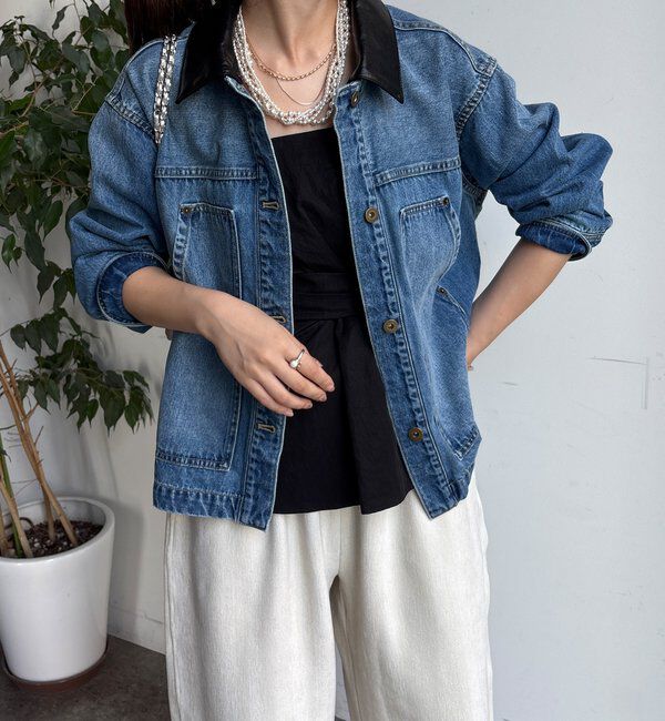  「【襟の取り外しが可能！】レザーカラーデニムジャケット」|ブルゾン・スタジャン|