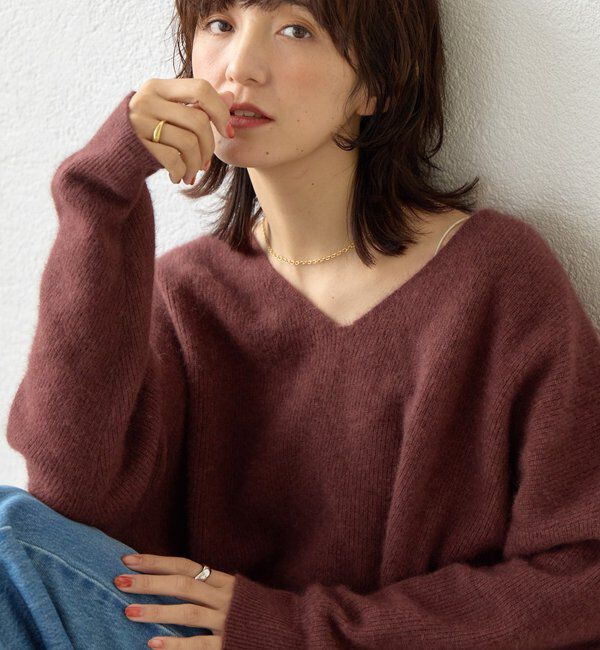 「【抜け感シルエット】ヘアリーウール片畦Vネックニット」|ニット・セーター|