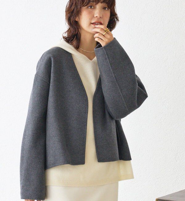  「【上品見え】ウールリバーショートコート」|その他|チャコールグレー
