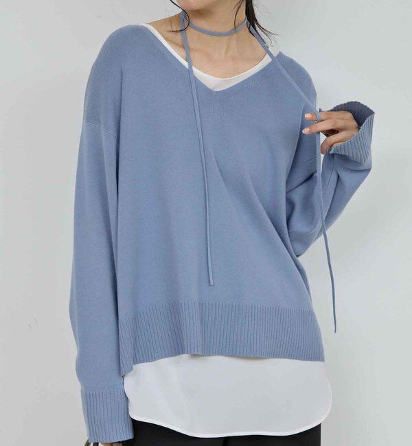  「【CHIKAコラボ】【着やせ&times;時短おしゃれ】タイ付き総針Vネックニット」|ニット・セーター|ブルー
