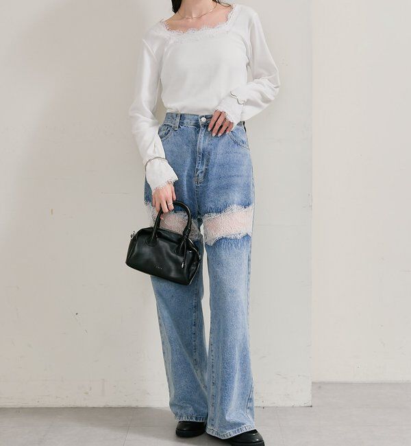  「スクエアネックレースロンT」|Tシャツ・カットソー|