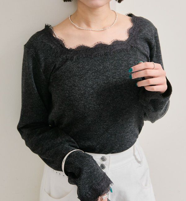  「スクエアネックレースロンT」|Tシャツ・カットソー|ブラック