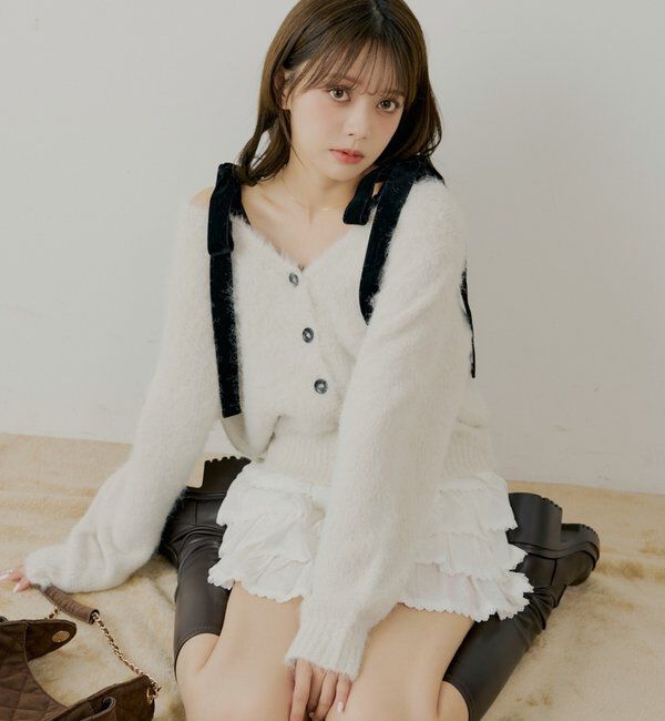  「【ブローチ取外し可】ベロアリボンルーズニットカーディガン」|カーディガン|ホワイトその他1