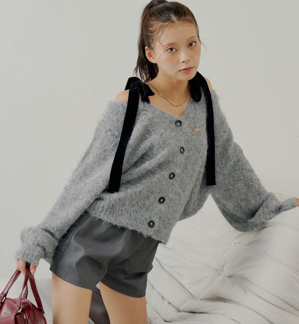  「【ブローチ取外し可】ベロアリボンルーズニットカーディガン」|カーディガン|