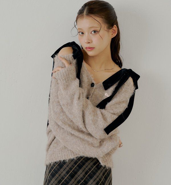  「【ブローチ取外し可】ベロアリボンルーズニットカーディガン」|カーディガン|