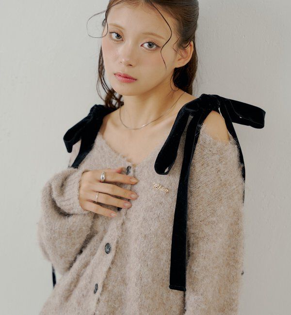  「【ブローチ取外し可】ベロアリボンルーズニットカーディガン」|カーディガン|