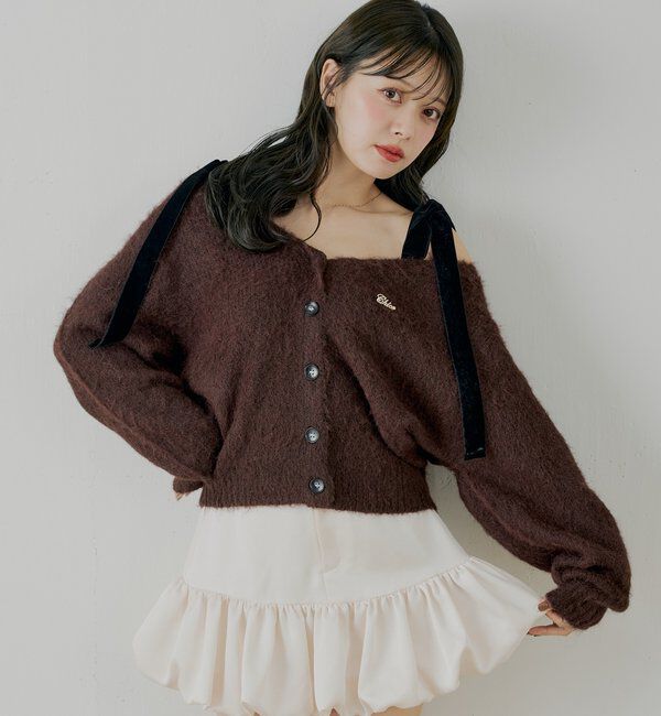  「【ブローチ取外し可】ベロアリボンルーズニットカーディガン」|カーディガン|