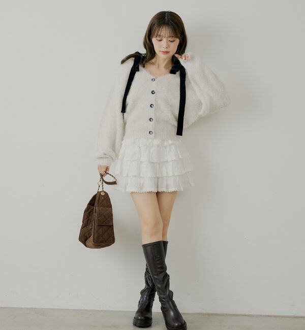  「【ブローチ取外し可】ベロアリボンルーズニットカーディガン」|カーディガン|