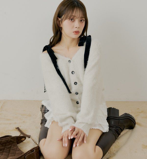  「【ブローチ取外し可】ベロアリボンルーズニットカーディガン」|カーディガン|