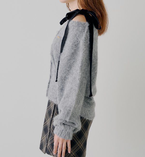  「【ブローチ取外し可】ベロアリボンルーズニットカーディガン」|カーディガン|