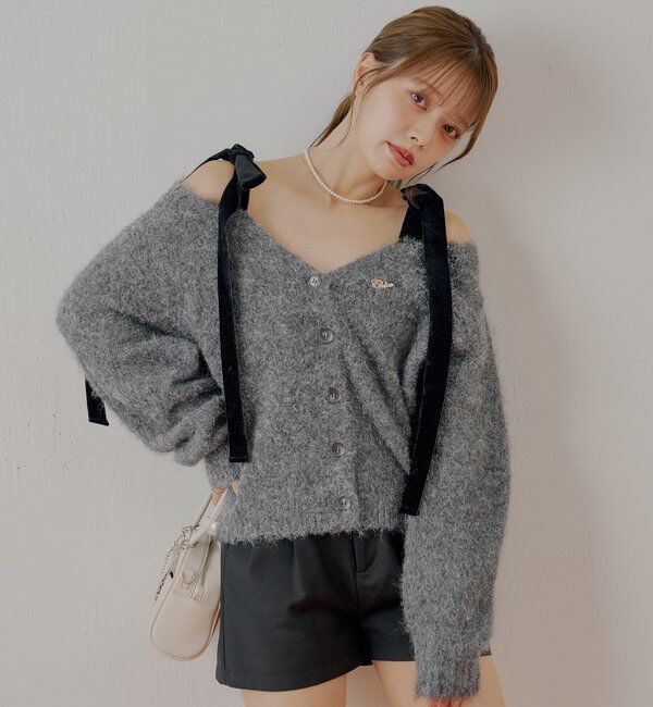  「【ブローチ取外し可】ベロアリボンルーズニットカーディガン」|カーディガン|