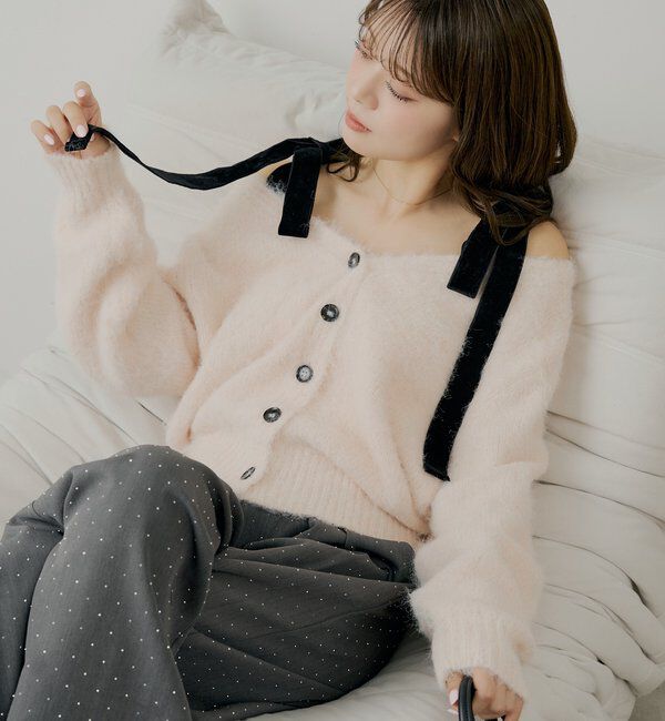  「【ブローチ取外し可】ベロアリボンルーズニットカーディガン」|カーディガン|ピンク