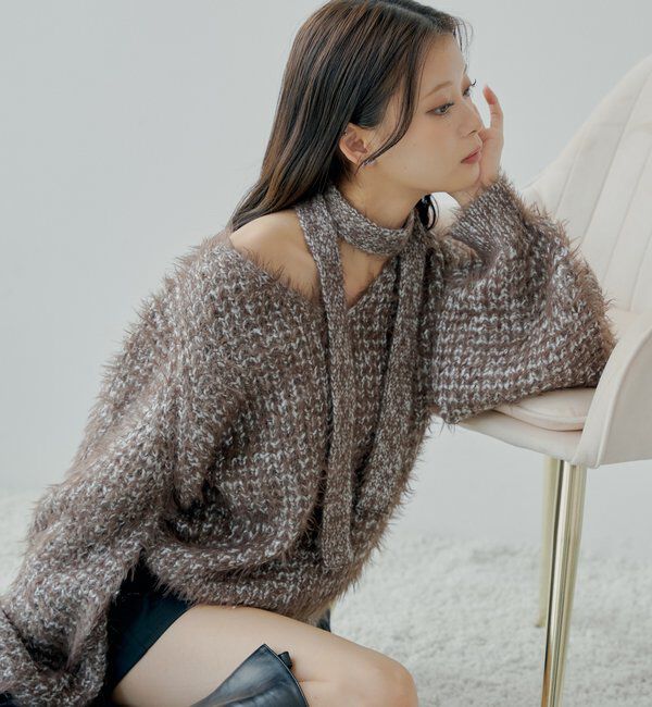  「タイ付きメランジルーズニット」|ニット・セーター|ブラウン