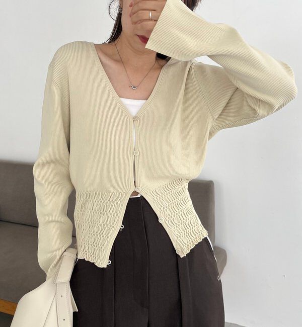  「【スタイルアップ効果◎】裾シャーリングリブカーディガン」|カーディガン|