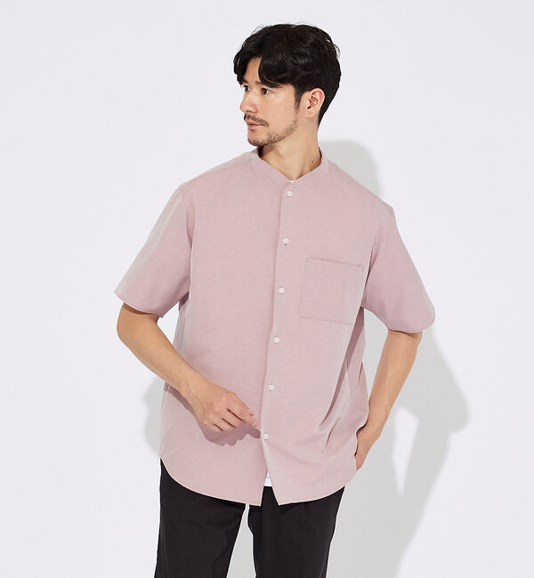 ABAHOUSE「【変形襟】トロミシャンブレー カラーレス 半袖シャツ / バンドカラー」|シャツ・ブラウス|ピンク系その他1